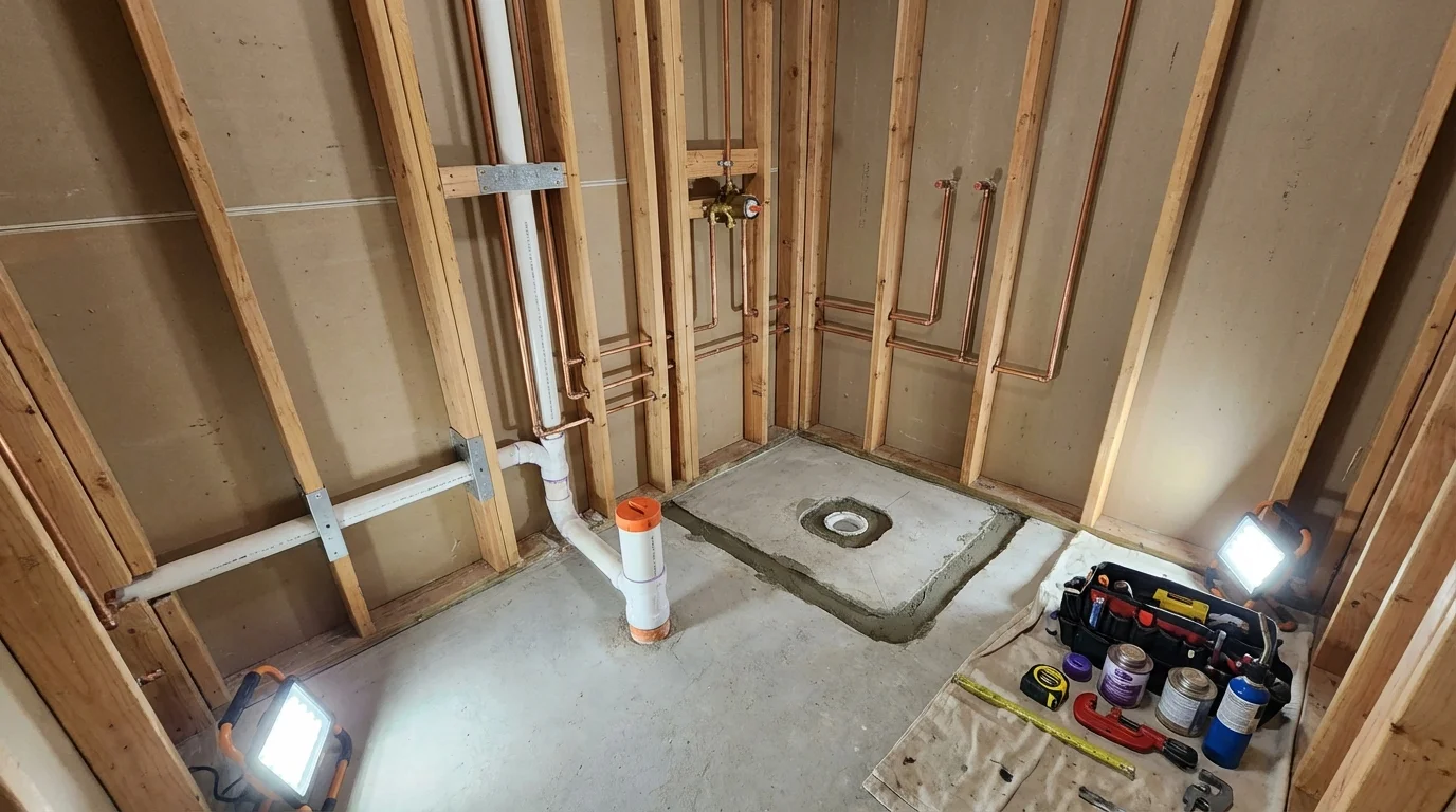 Bathroom rough-in plumbing during remodel by Johns Plumbing LLC in New Cumberland