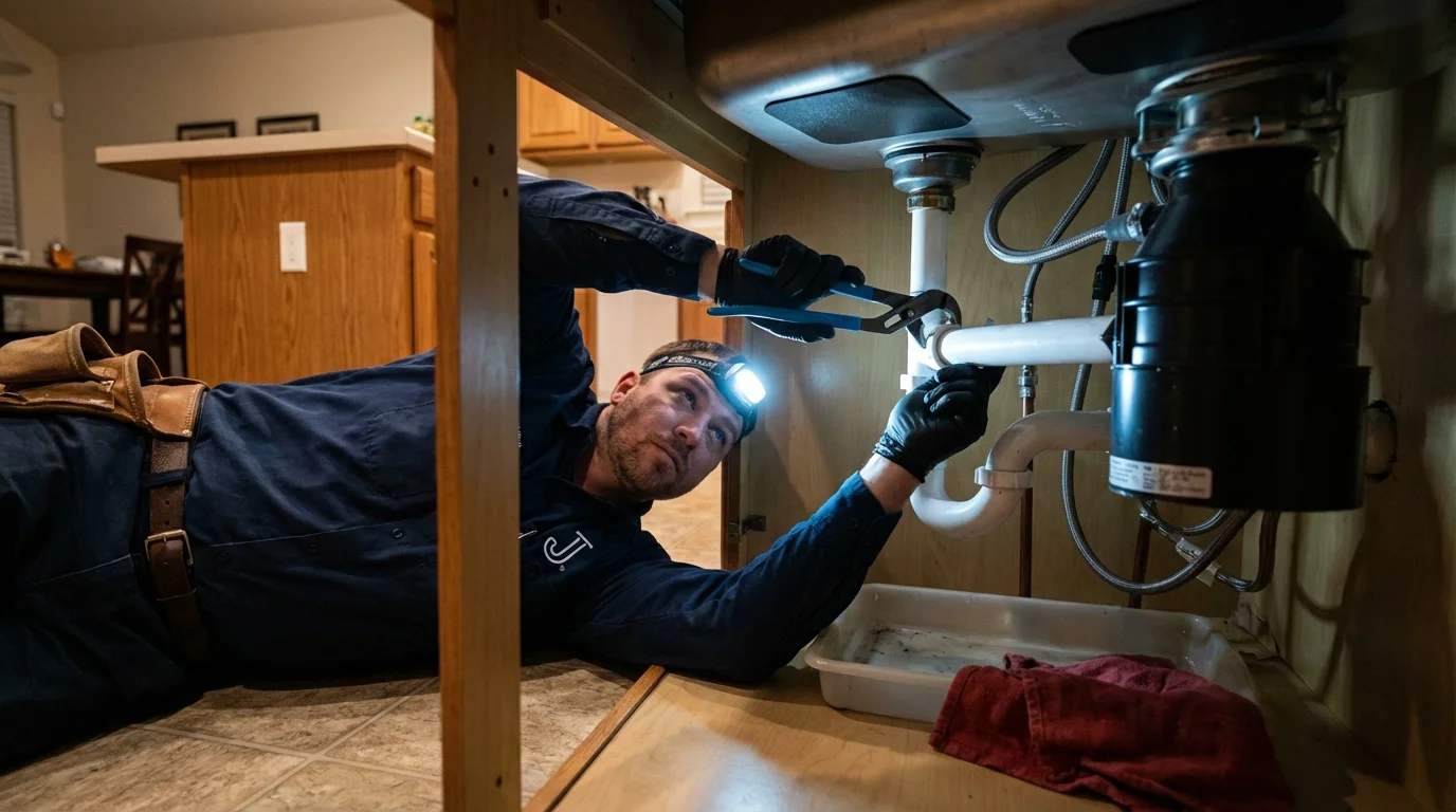 P-trap and supply line connections under a kitchen sink showing a common leak point in New Cumberland, PA